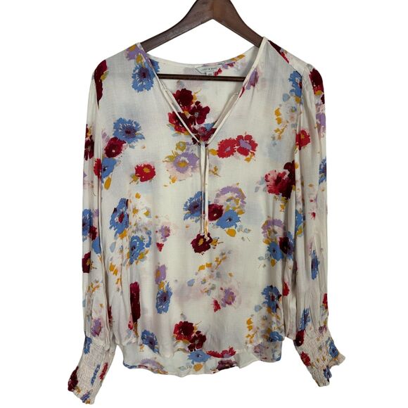 Lucky Brand Floral White Long Sleeve V-Neck Blouse Top Women's Medium - Picture 1 of 6